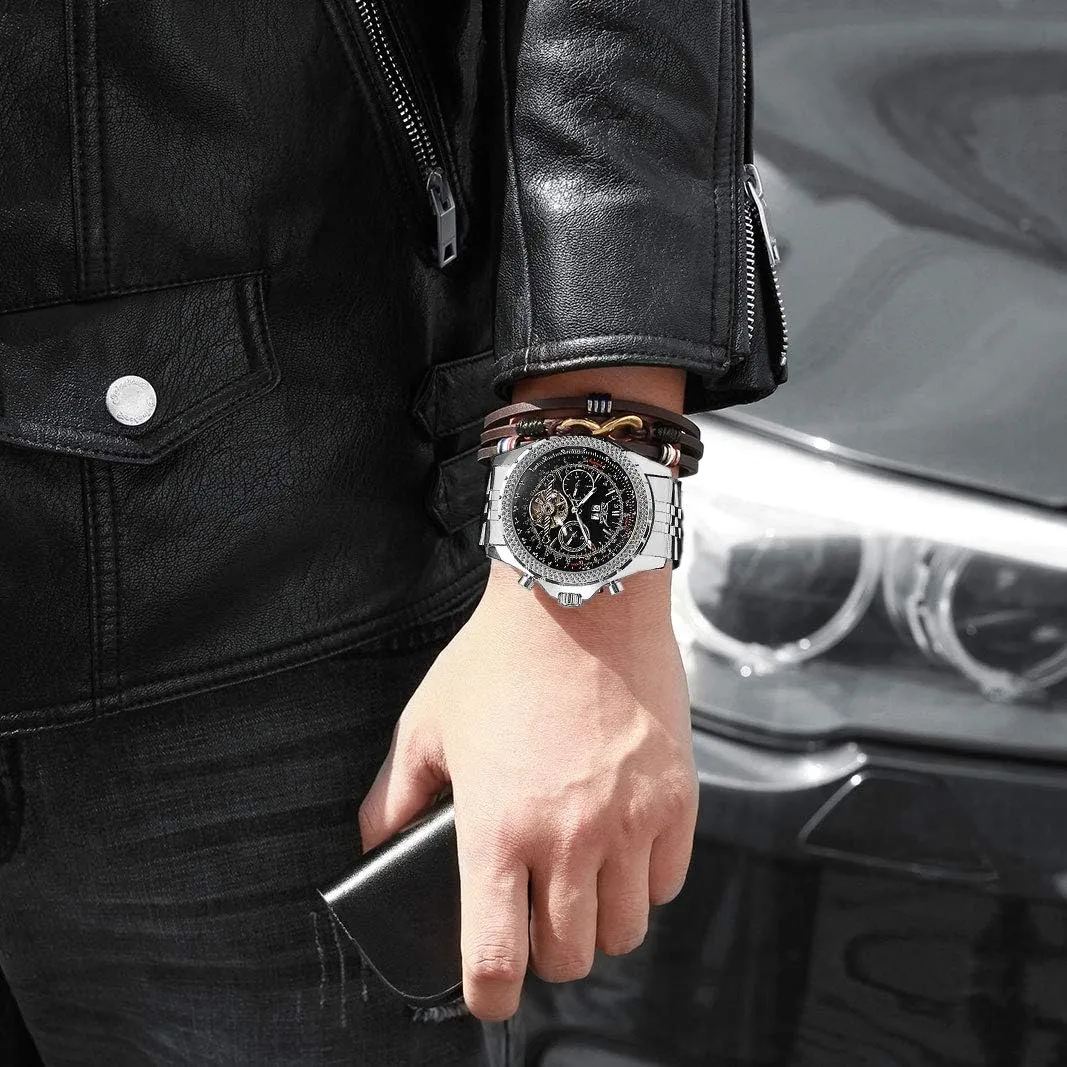 Gute Mens Watches, Mechanical Automatic Stainless Steel Waterproof Watch for Men, Luxury Big Face Multi Functional Tourbillon Calendar Wristwatch