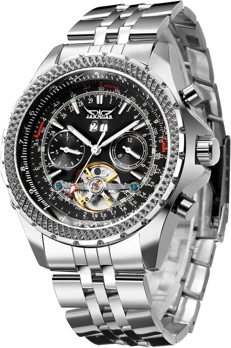Gute Mens Watches, Mechanical Automatic Stainless Steel Waterproof Watch for Men, Luxury Big Face Multi Functional Tourbillon Calendar Wristwatch