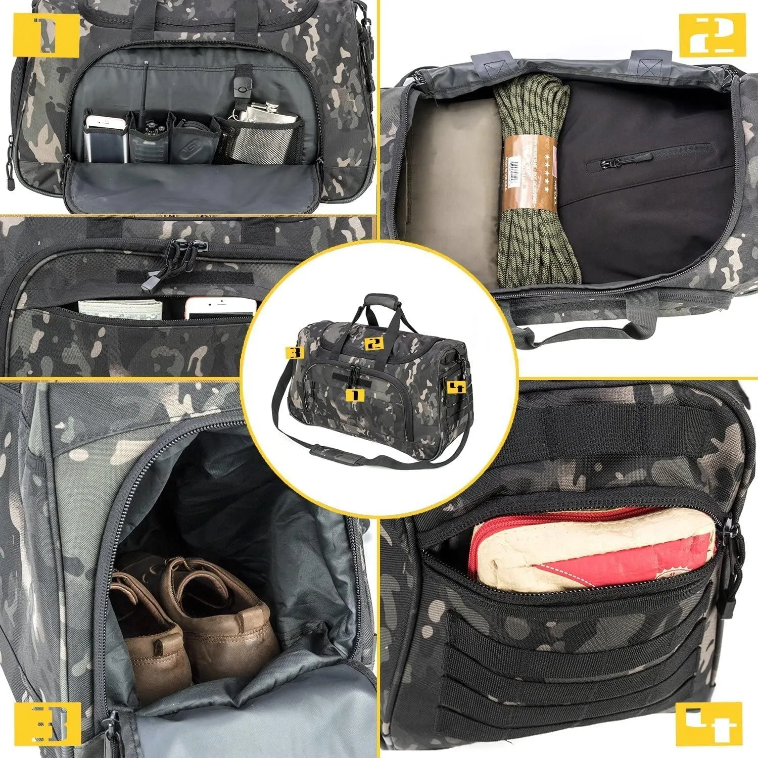 Gym Bag for Women & Men Tactical Duffle Military Weekender Work Out Lightweight Waterproof Sports Tote Shoe Pocket BlackCamo