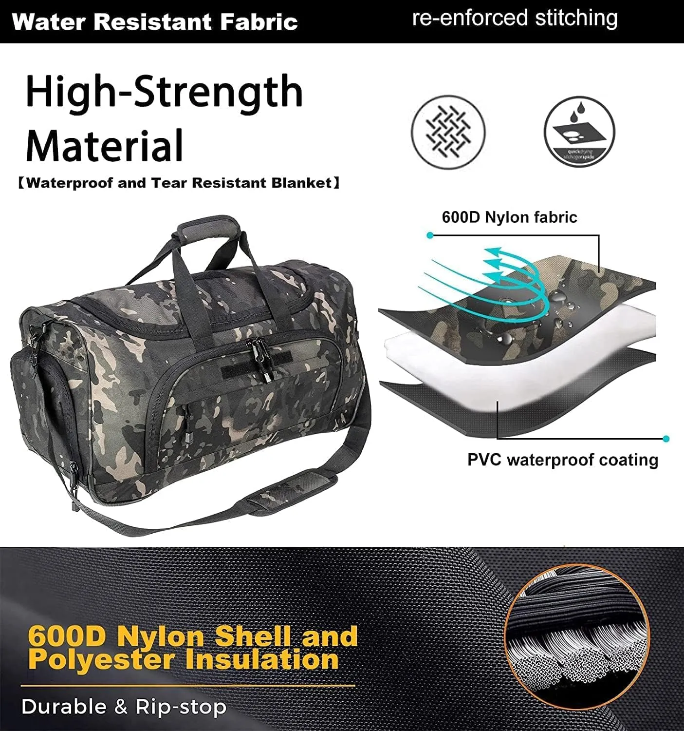 Gym Bag for Women & Men Tactical Duffle Military Weekender Work Out Lightweight Waterproof Sports Tote Shoe Pocket BlackCamo