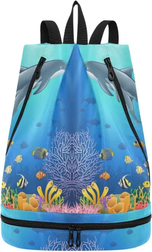 Gym Drawstring Bags Daypacks Backpack Purse Casual Knapsack Shoulder Bag Sitting Rucksack Swimming Equipment Bags Print Dolphin Underwater Fishes Colorful Coral Reefs