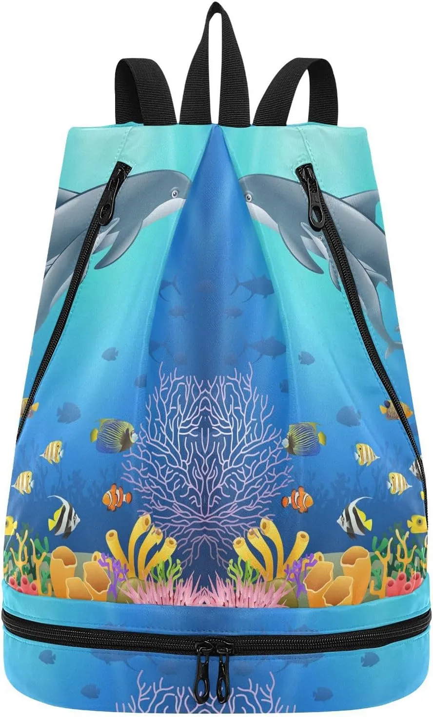 Gym Drawstring Bags Daypacks Backpack Purse Casual Knapsack Shoulder Bag Sitting Rucksack Swimming Equipment Bags Print Dolphin Underwater Fishes Colorful Coral Reefs