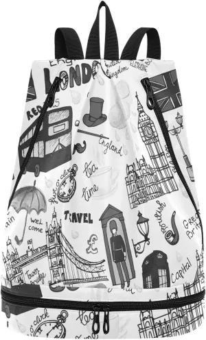 Gym Drawstring Bags Daypacks Backpack Purse Casual Knapsack Shoulder Bag Sitting Rucksack Swimming Equipment Bags Print London landmark England Flag Bus Telephone Booth