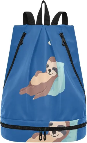Gym Drawstring Bags Daypacks Backpack Purse Casual Knapsack Shoulder Bag Sitting Rucksack Swimming Equipment Bags Print Sloth Lie Down On Blue