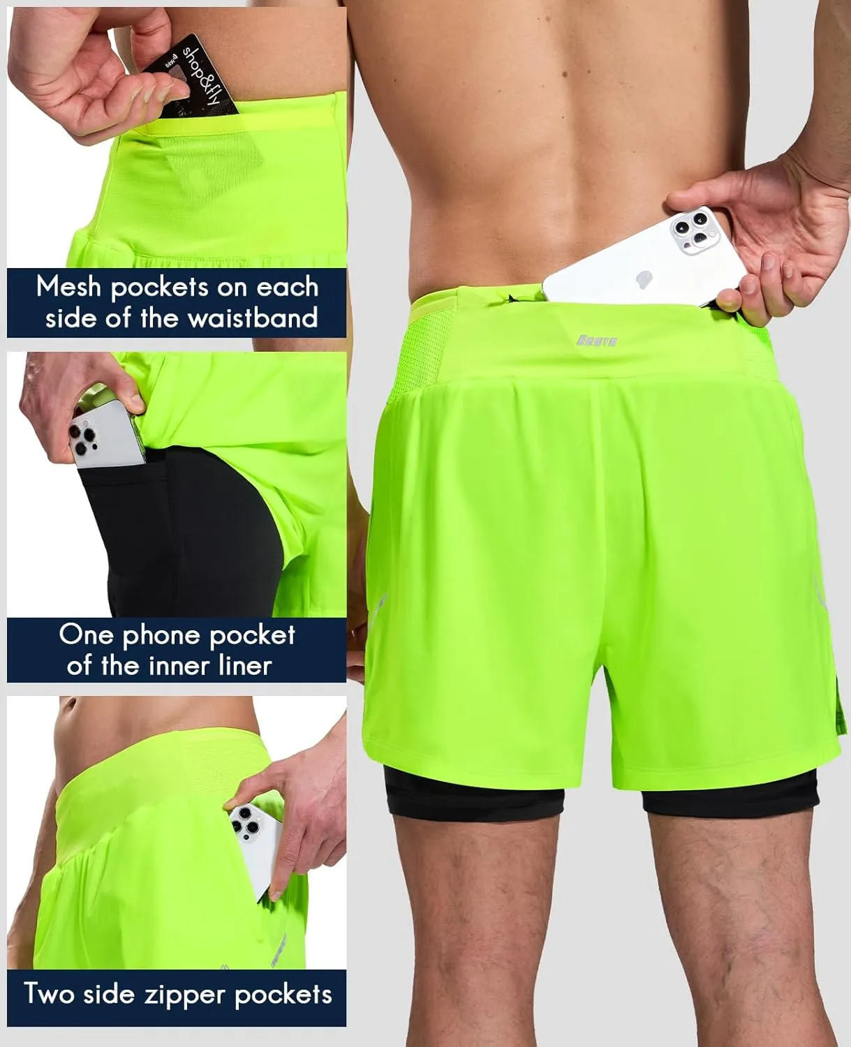 Haimont Men's 2 in 1 Running Shorts with Zipper Pockets Quick Dry Athletic Gym Workout Shorts with Liner