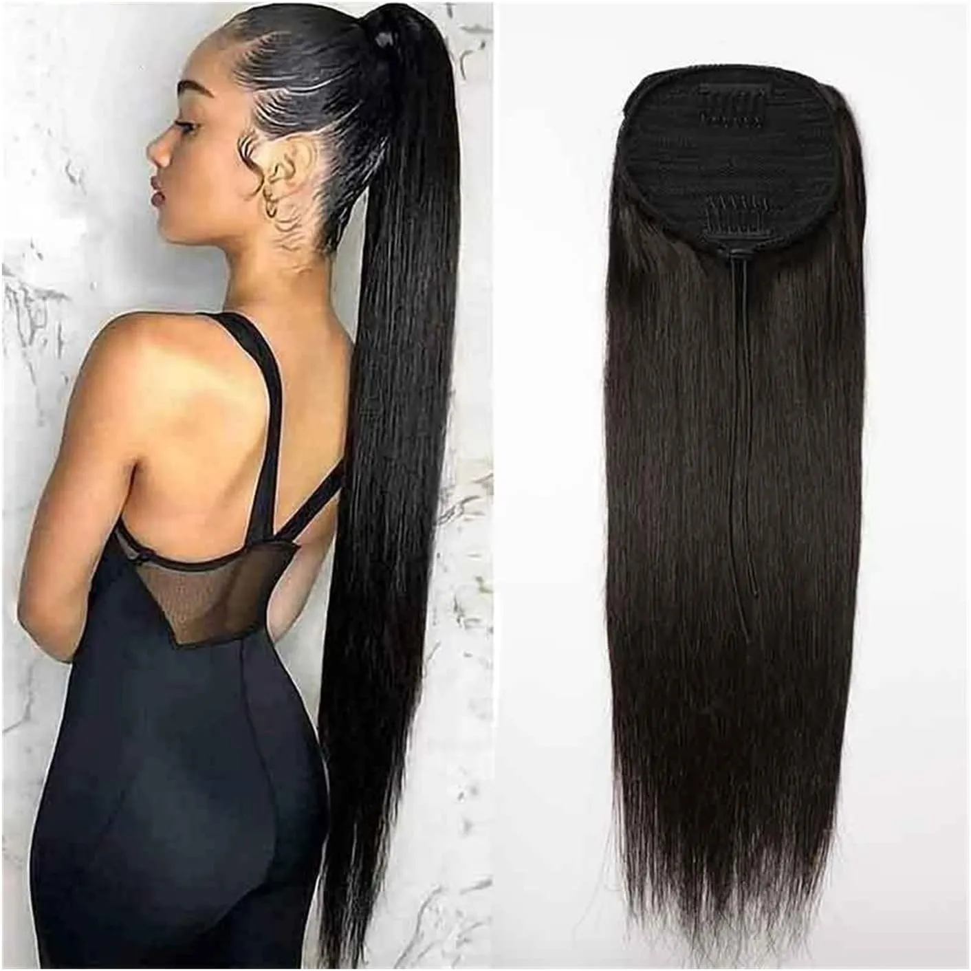 Hair Bun 8-24 Inch Ponytail Human Hair Extensions Straight Hair with Drawstring Hair Slices Women Black Ponytail Hair Bun Hair Bun Piece(8 inch)