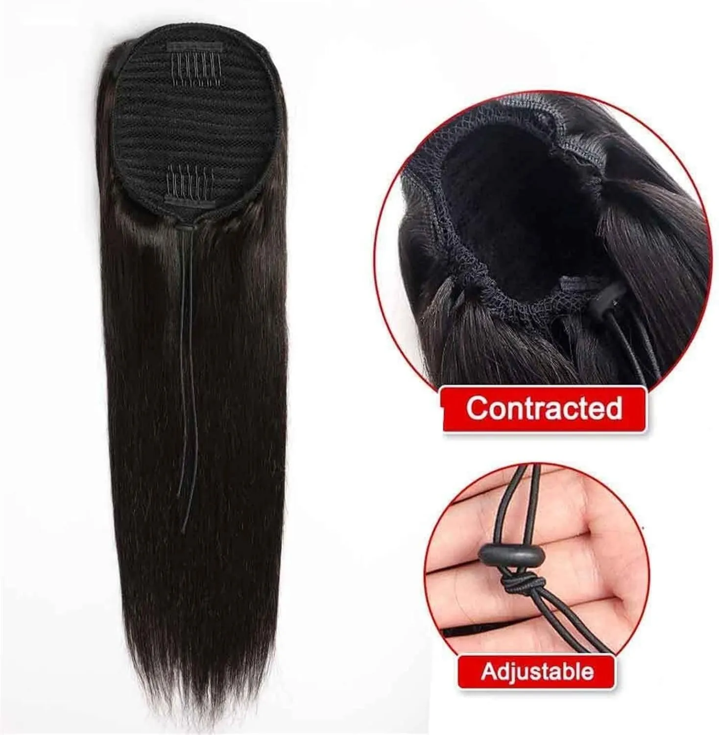 Hair Bun 8-24 Inch Ponytail Human Hair Extensions Straight Hair with Drawstring Hair Slices Women Black Ponytail Hair Bun Hair Bun Piece(8 inch)