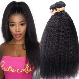 Hair Bundles 12A Yaki Kinky Straight Human Hair 3 Bundles 100% Unprocessed Mongolian Virgin Human Hair Kinky Straight Bundles Yaki Hair Natural Color (12 14 16)