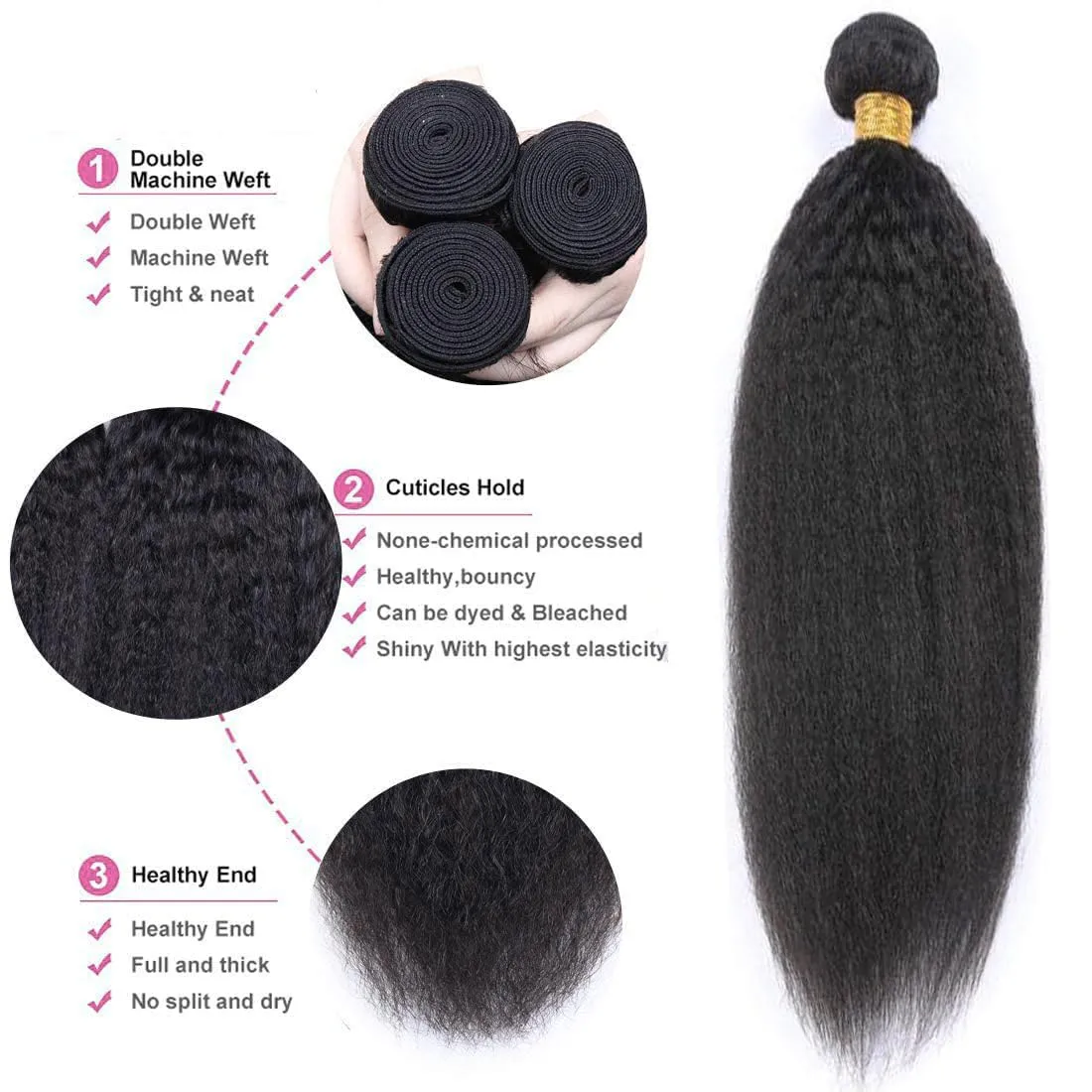 Hair Bundles 12A Yaki Kinky Straight Human Hair 3 Bundles 100% Unprocessed Mongolian Virgin Human Hair Kinky Straight Bundles Yaki Hair Natural Color (12 14 16)
