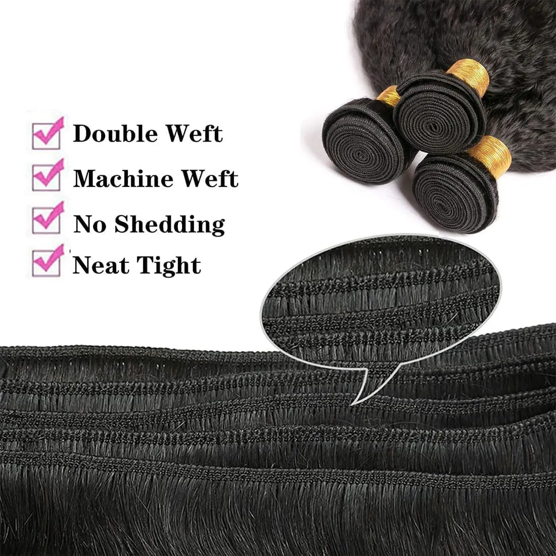 Hair Bundles 12A Yaki Kinky Straight Human Hair 3 Bundles 100% Unprocessed Mongolian Virgin Human Hair Kinky Straight Bundles Yaki Hair Natural Color (12 14 16)