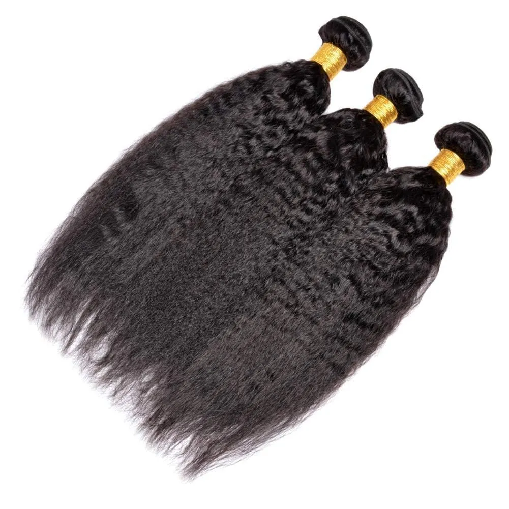 Hair Bundles 12A Yaki Kinky Straight Human Hair 3 Bundles 100% Unprocessed Mongolian Virgin Human Hair Kinky Straight Bundles Yaki Hair Natural Color (12 14 16)