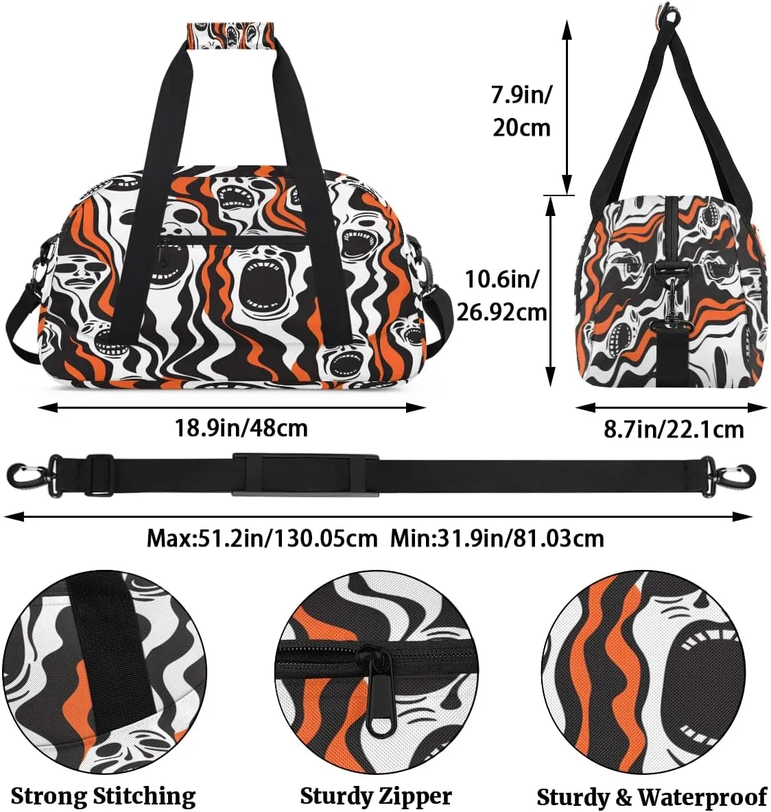 Halloween Scary Kids Overnighter Duffel Bags for Boys, Carry-On Size Sports Gym Bag with Front Zipper Pocket for School Practice or Overnight Travel Weekender Sleepover Tote Bag