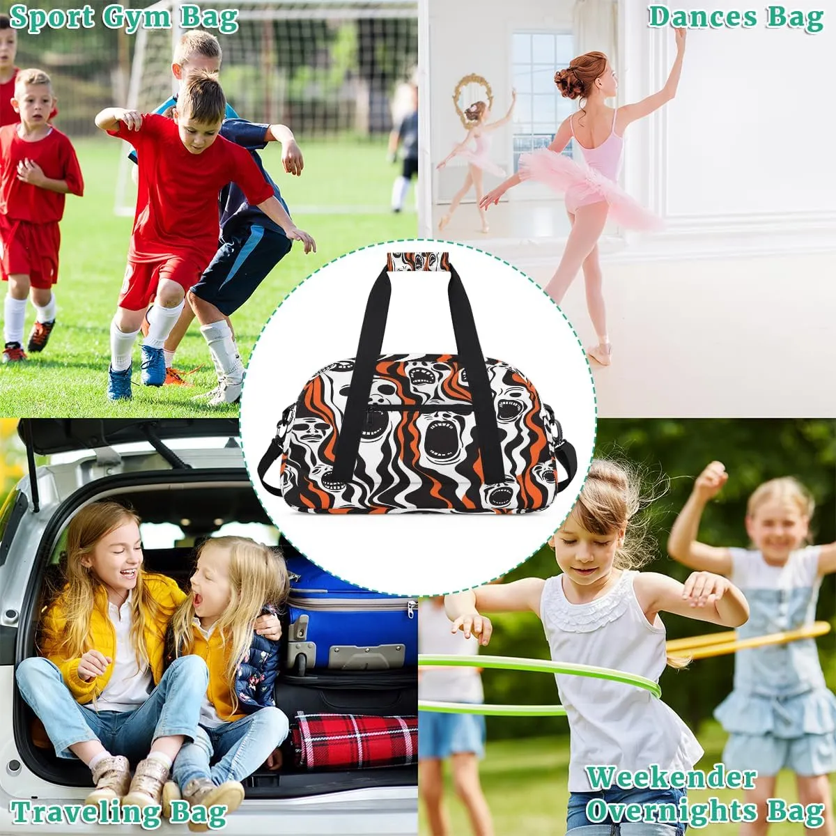 Halloween Scary Kids Overnighter Duffel Bags for Boys, Carry-On Size Sports Gym Bag with Front Zipper Pocket for School Practice or Overnight Travel Weekender Sleepover Tote Bag