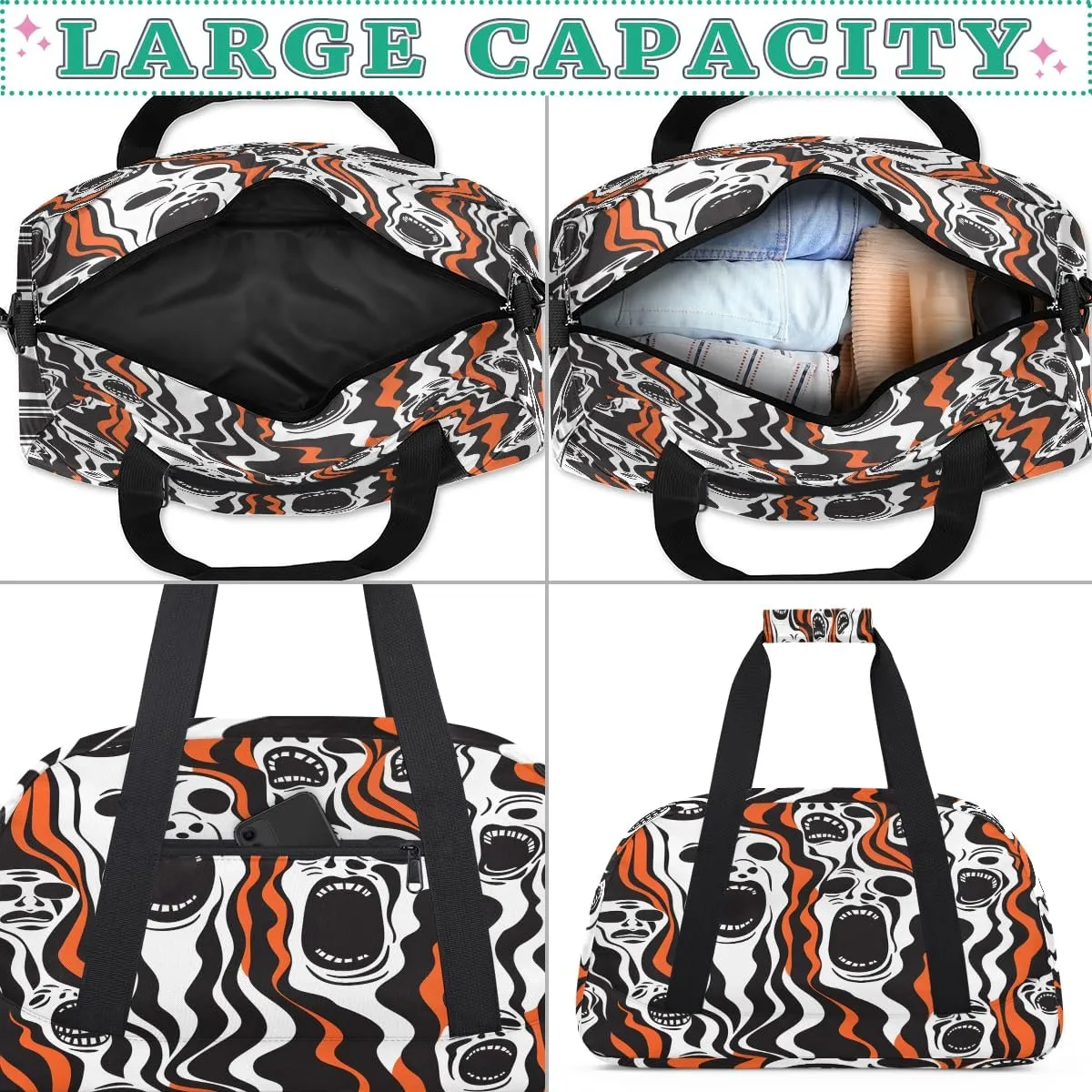 Halloween Scary Kids Overnighter Duffel Bags for Boys, Carry-On Size Sports Gym Bag with Front Zipper Pocket for School Practice or Overnight Travel Weekender Sleepover Tote Bag
