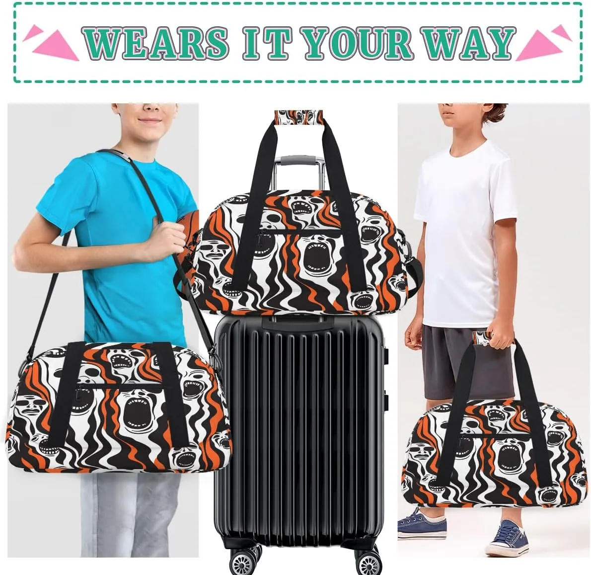 Halloween Scary Kids Overnighter Duffel Bags for Boys, Carry-On Size Sports Gym Bag with Front Zipper Pocket for School Practice or Overnight Travel Weekender Sleepover Tote Bag