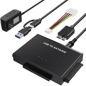 Hard Drive Reader USB 3.0 to SATA IDE Adapter，IDE SATA to USB   Type C External Hard Drive Adapter Data Recovery Converter Kit for Universal 2.5 3.5 HDD SSD Hard Drive Disk, with 12V/2A Power Adapter