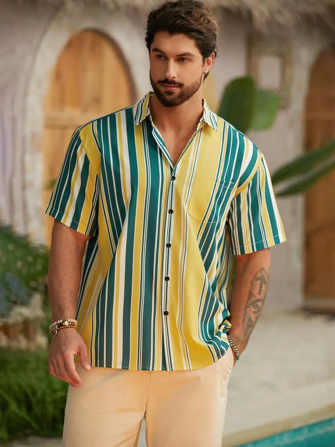 Hardaddy Men's Striped Shirts Casual Short Sleeve Button Down Summer Hawaiian Shirts