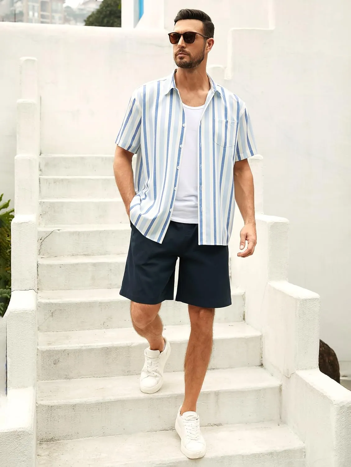 Hardaddy Men's Striped Shirts Casual Short Sleeve Button Down Summer Hawaiian Shirts