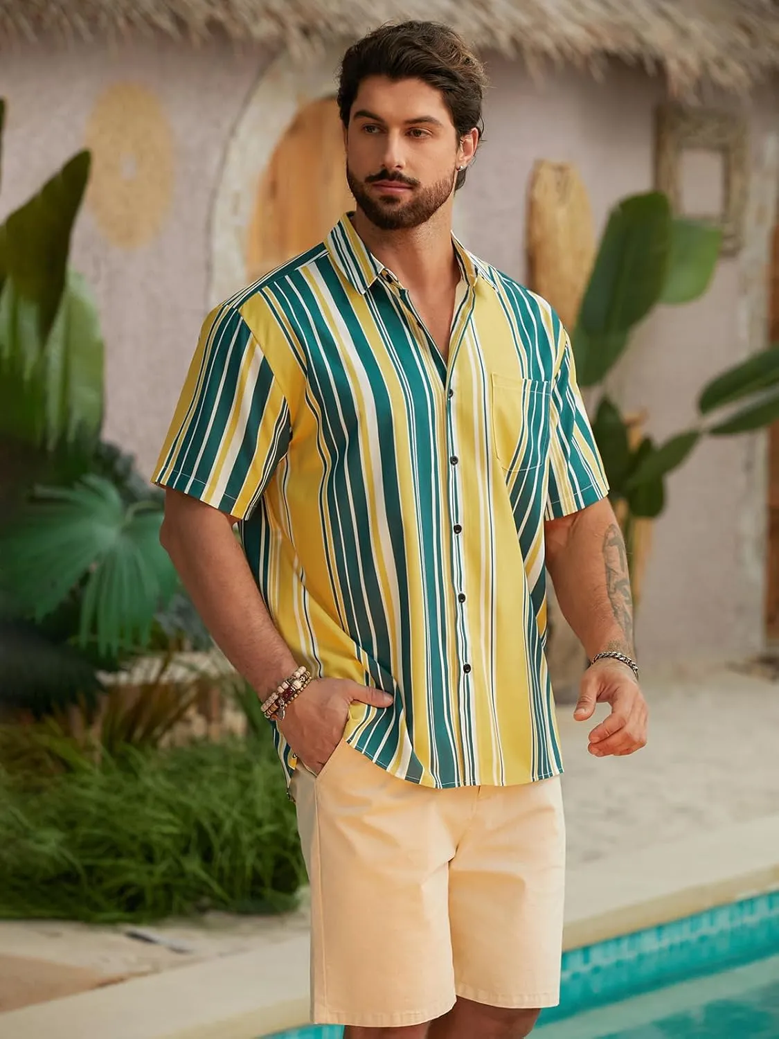 Hardaddy Men's Striped Shirts Casual Short Sleeve Button Down Summer Hawaiian Shirts