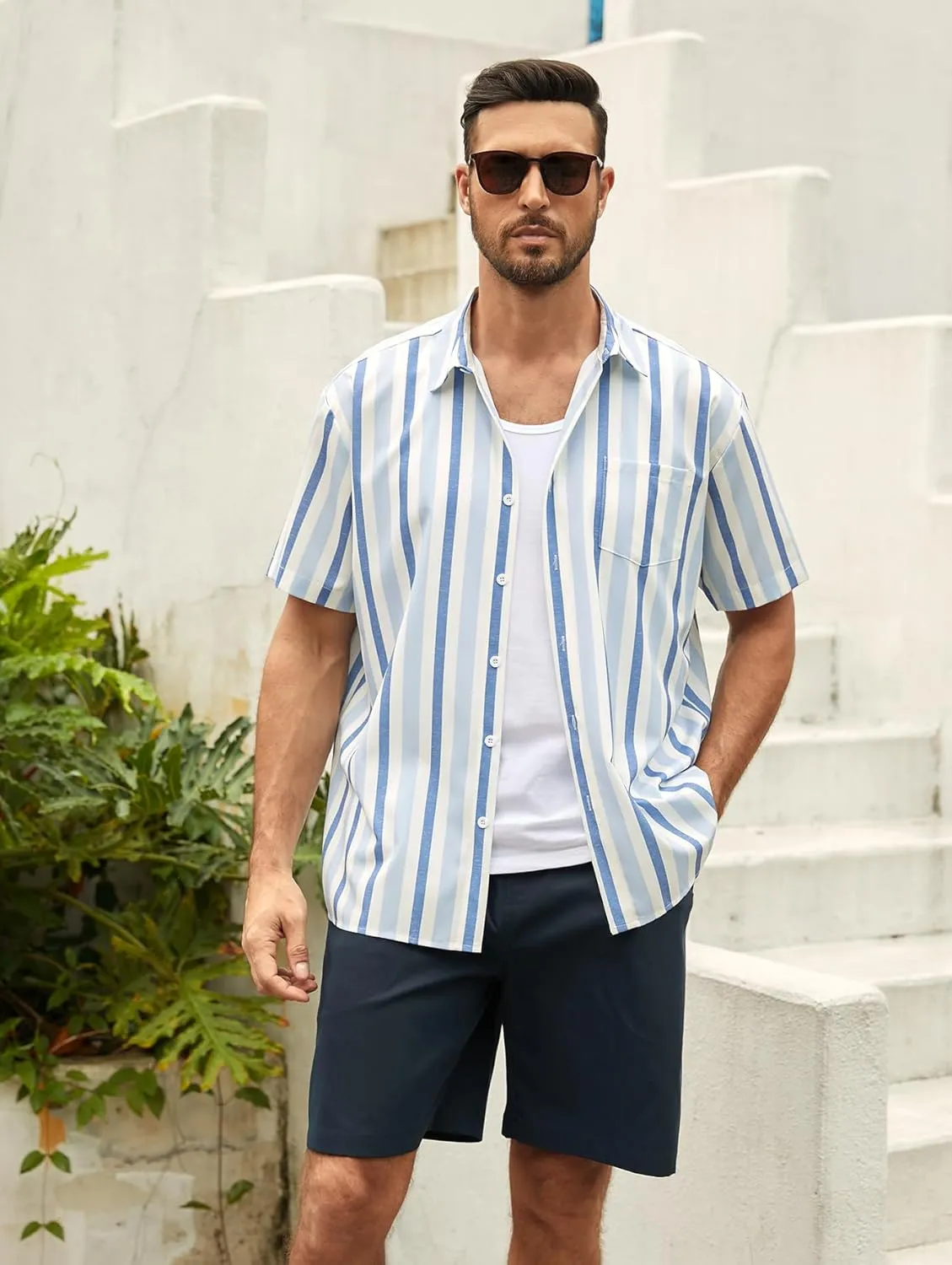 Hardaddy Men's Striped Shirts Casual Short Sleeve Button Down Summer Hawaiian Shirts