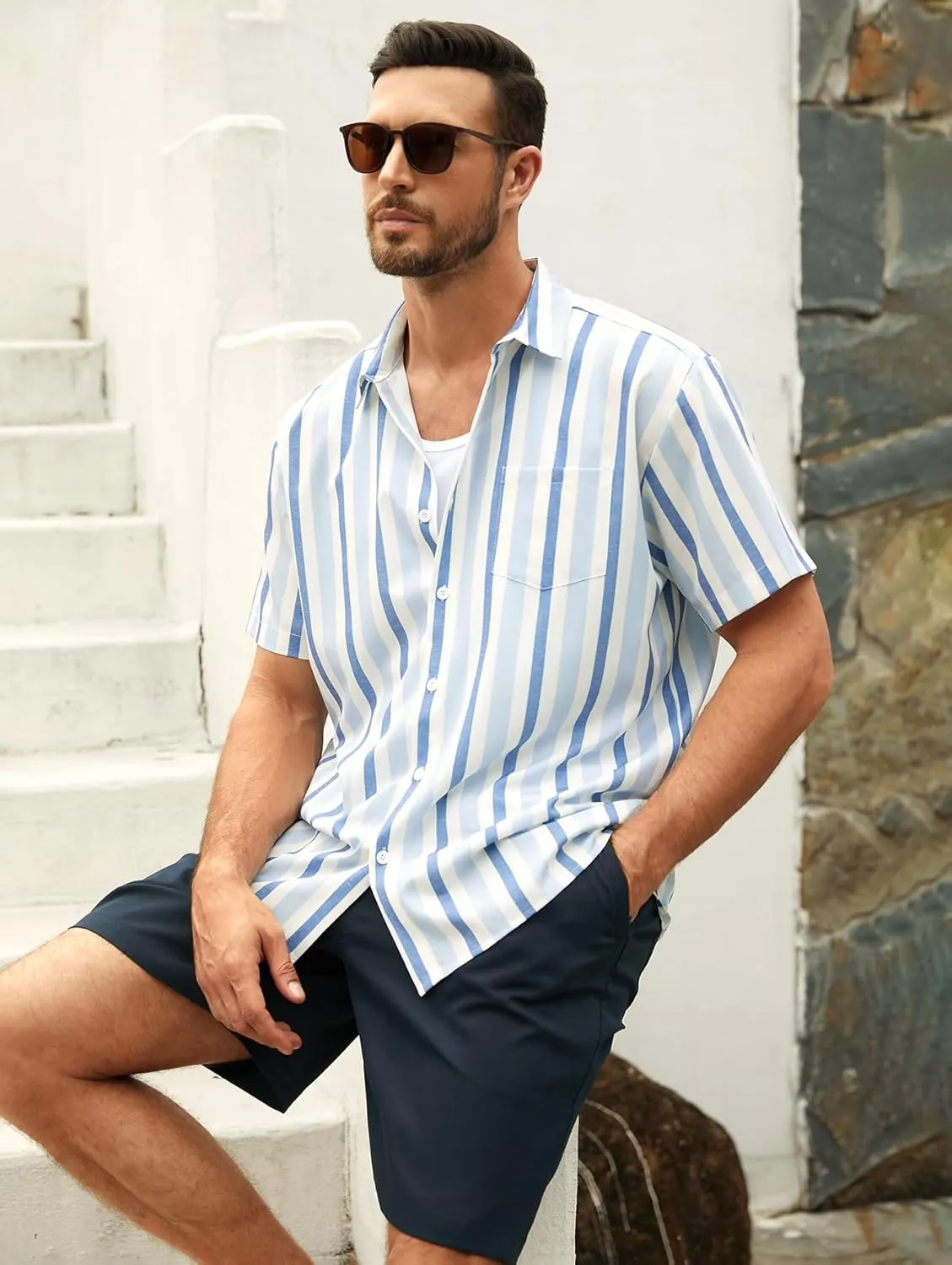 Hardaddy Men's Striped Shirts Casual Short Sleeve Button Down Summer Hawaiian Shirts