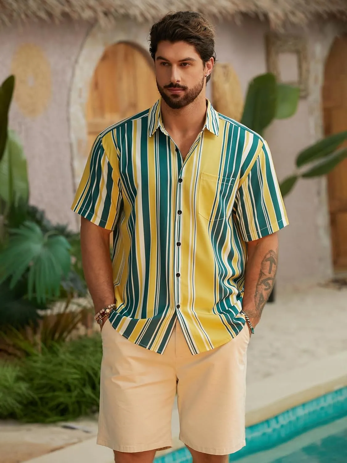 Hardaddy Men's Striped Shirts Casual Short Sleeve Button Down Summer Hawaiian Shirts