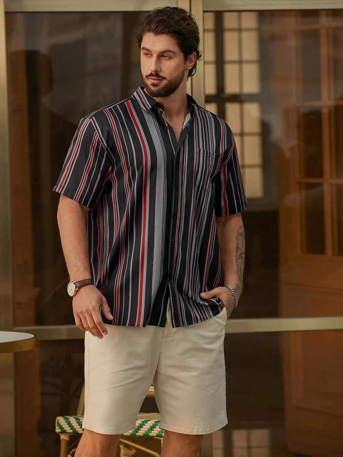 Hardaddy Men's Striped Shirts Casual Short Sleeve Button Down Summer Hawaiian Shirts