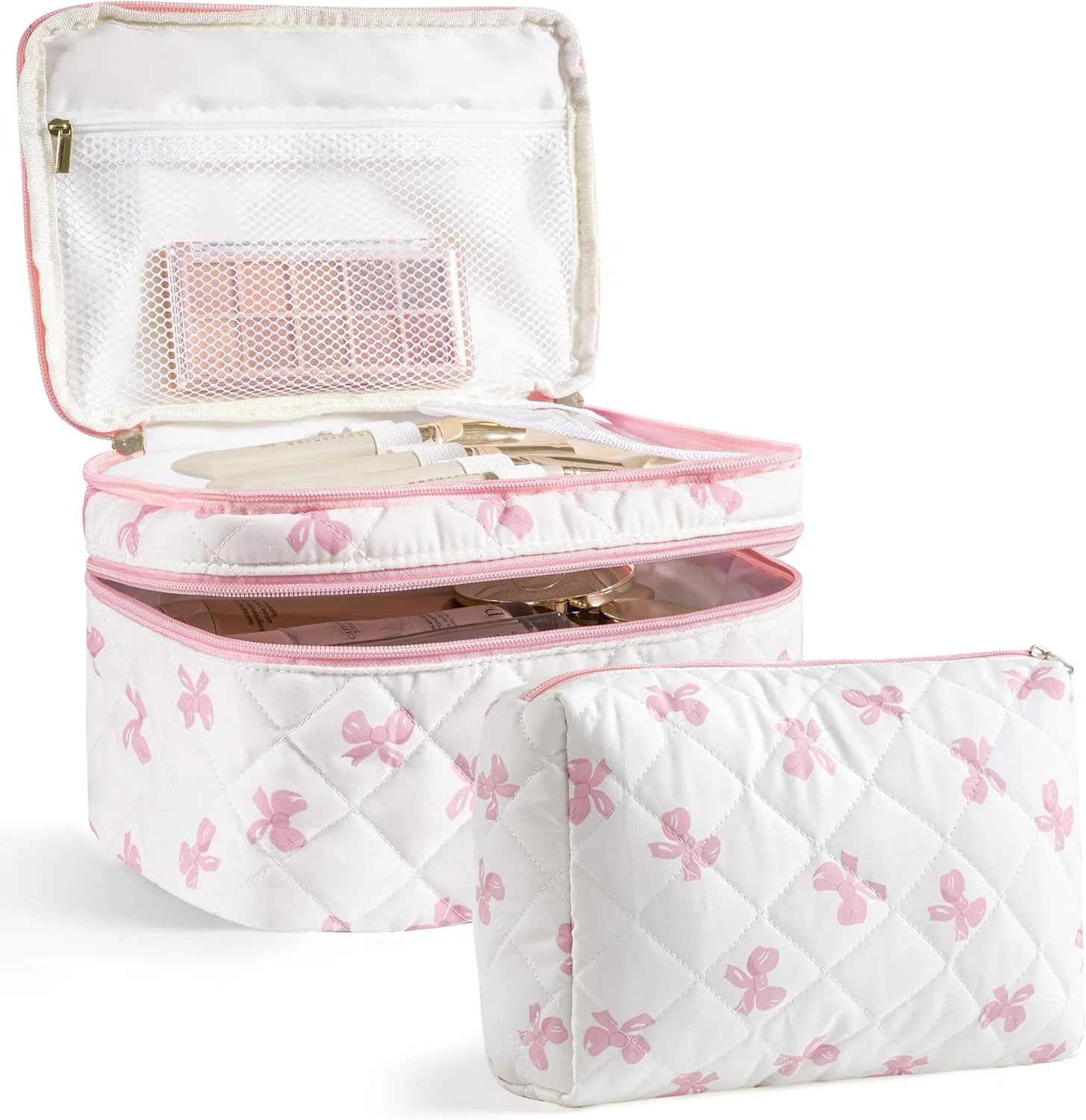 HBselect 2Pcs Double Layer Travel Makeup Bag Women, Cotton Quilted Makeup Bag Coquette Makeup Bags Large Travel Cosmetic Bag Aesthetic Cute Kawaii Cherry Make up Bag Toiletry Bags for Women Girls