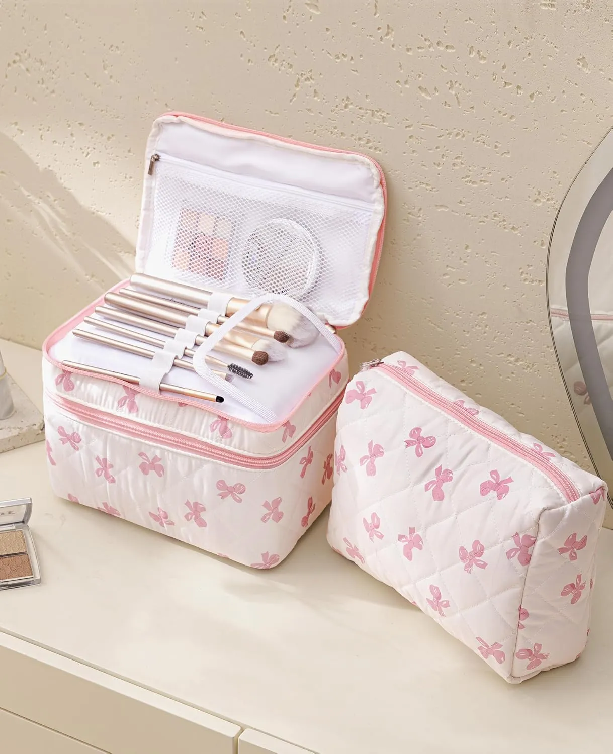 HBselect 2Pcs Double Layer Travel Makeup Bag Women, Cotton Quilted Makeup Bag Coquette Makeup Bags Large Travel Cosmetic Bag Aesthetic Cute Kawaii Cherry Make up Bag Toiletry Bags for Women Girls