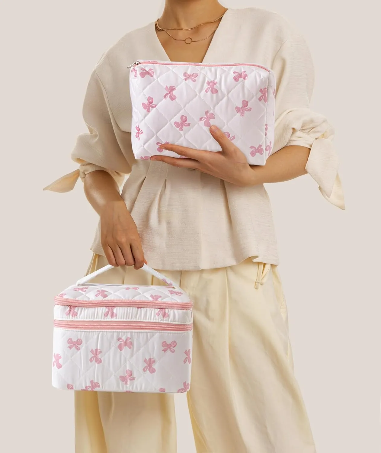 HBselect 2Pcs Double Layer Travel Makeup Bag Women, Cotton Quilted Makeup Bag Coquette Makeup Bags Large Travel Cosmetic Bag Aesthetic Cute Kawaii Cherry Make up Bag Toiletry Bags for Women Girls