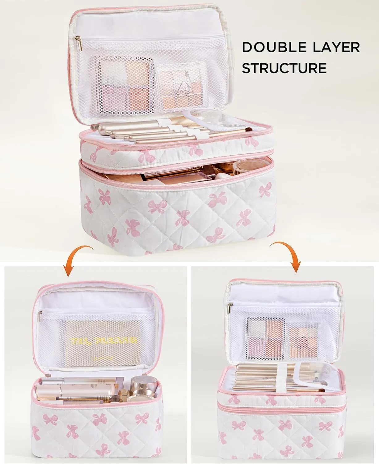 HBselect 2Pcs Double Layer Travel Makeup Bag Women, Cotton Quilted Makeup Bag Coquette Makeup Bags Large Travel Cosmetic Bag Aesthetic Cute Kawaii Cherry Make up Bag Toiletry Bags for Women Girls