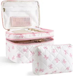 HBselect 2Pcs Double Layer Travel Makeup Bag Women, Cotton Quilted Makeup Bag Coquette Makeup Bags Large Travel Cosmetic Bag Aesthetic Cute Kawaii Cherry Make up Bag Toiletry Bags for Women Girls