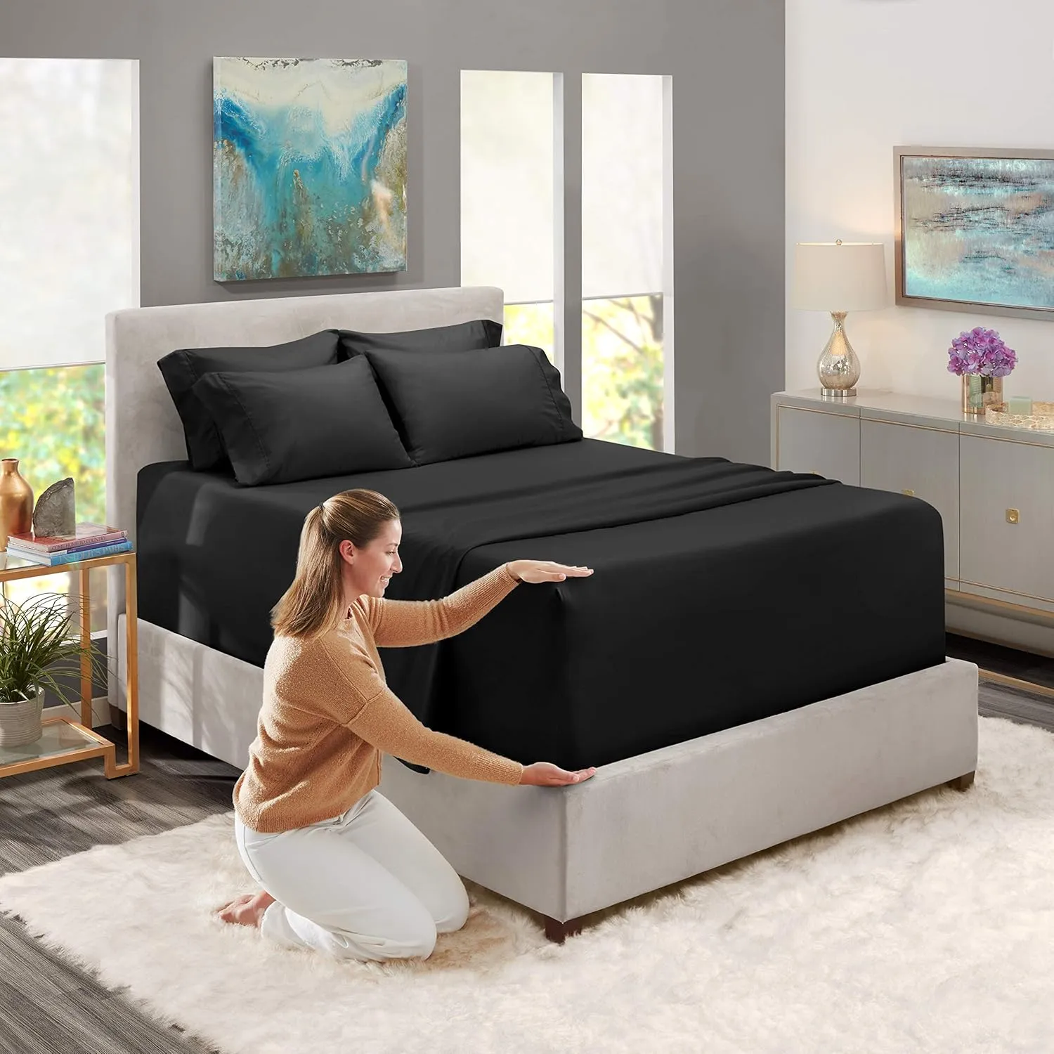 Hearth & Harbor Extra Deep Pocket King Size Sets - Fits Mattress 18-24 Inches Deep - Extra Deep Pocket Sheets - 6 Piece King Size - King - Black Sheets