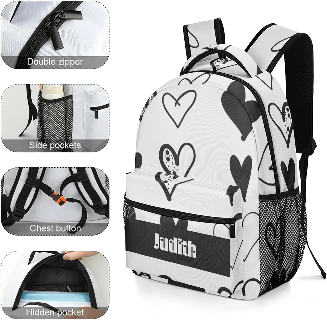Hearts Custom Kids Backpack, Personalized Student School Bags for Boys & Girls, Bookbags with Adjustable Strapfor Travel