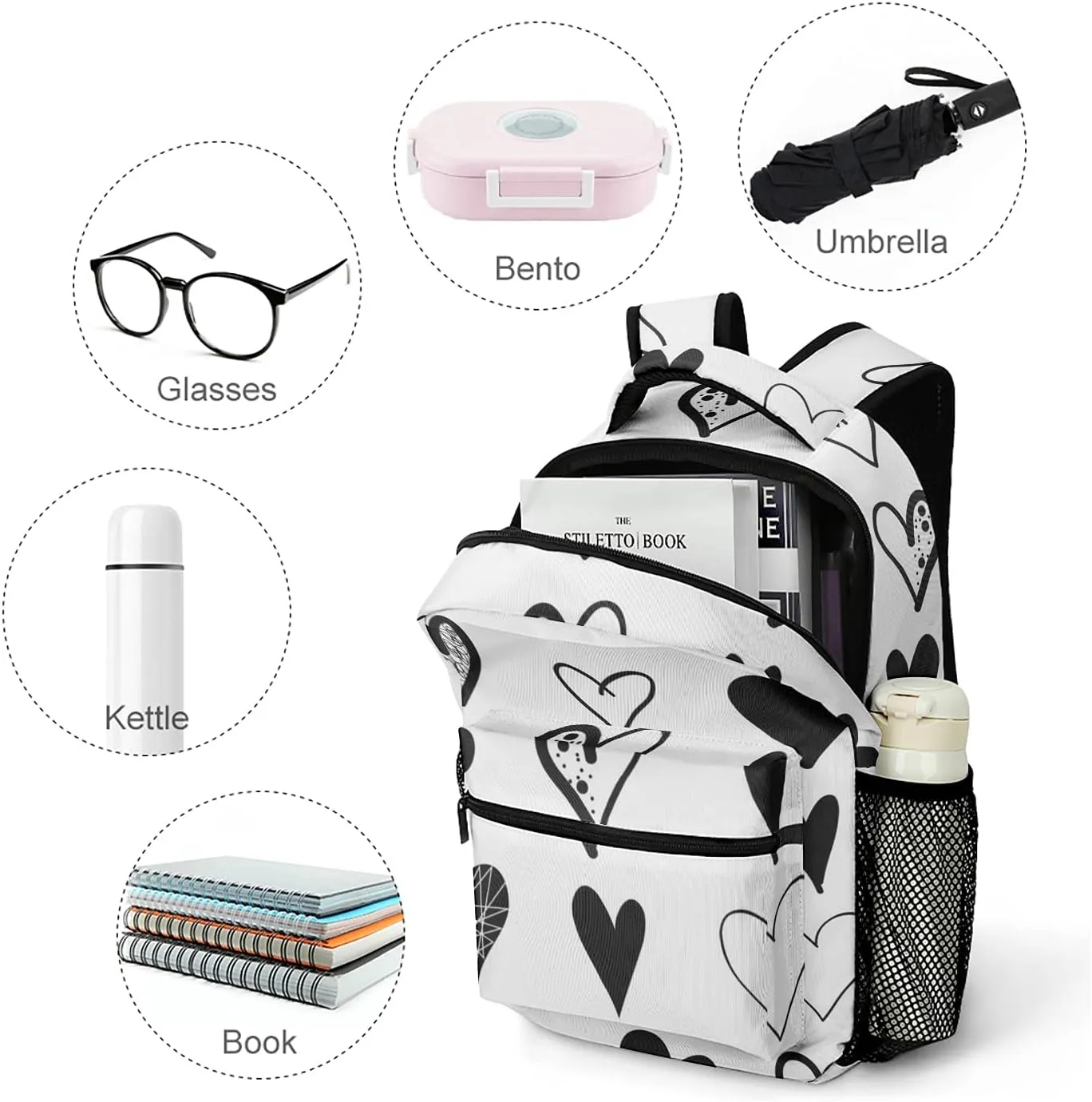 Hearts Kids Backpack, Student School Bags for Boys & Girls, Bookbags with Adjustable Strapfor Travel