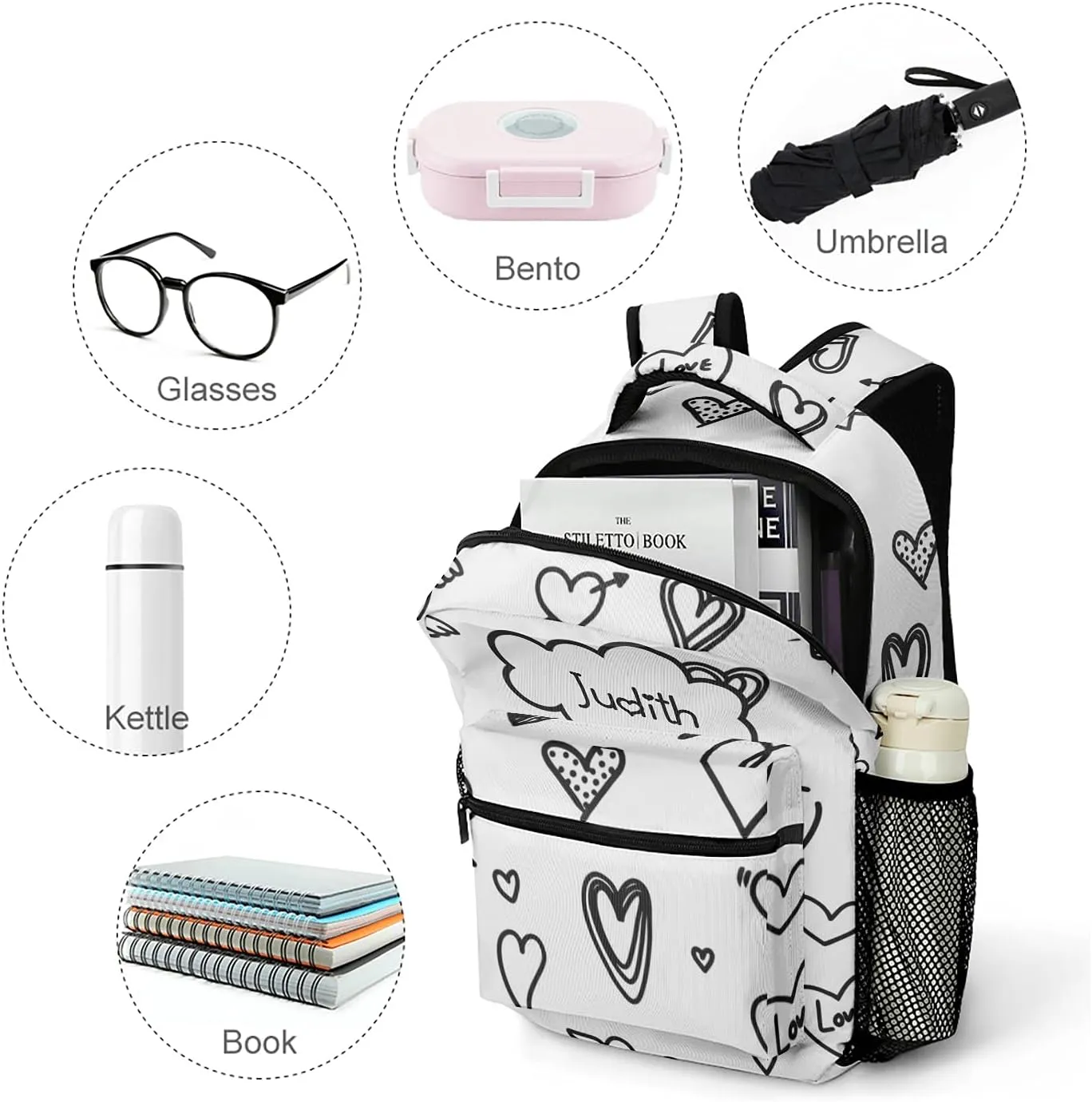 Hearts Set Icon Custom Kids Backpack, Personalized Student School Bags for Boys & Girls, Bookbags with Adjustable Strapfor Travel