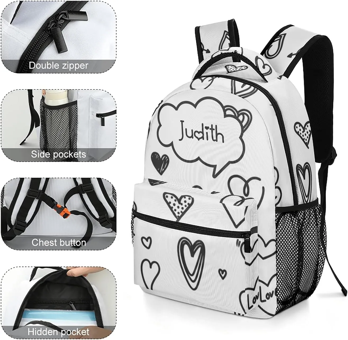 Hearts Set Icon Custom Kids Backpack, Personalized Student School Bags for Boys & Girls, Bookbags with Adjustable Strapfor Travel