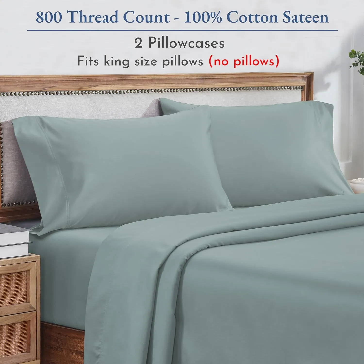 Heirloom Soft, Smooth & Thick Certified 800 Thread Count 100% Cotton Sateen is Superior to Egyptian Cotton Claims, 2 Pillow Cases King Size, Fits King Pillows (Soft Teal)
