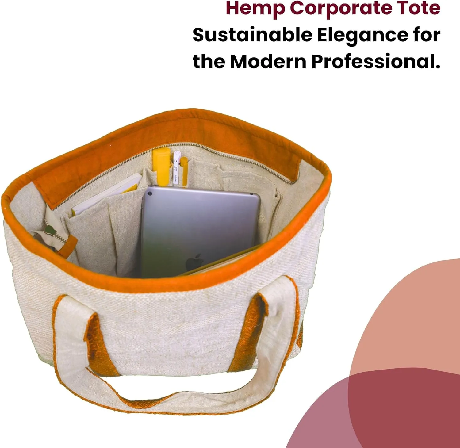 Hemp Corporate Tote Bag with with Cotton Lining | Spacious Work Bag Dual Compartments | 15L capacity
