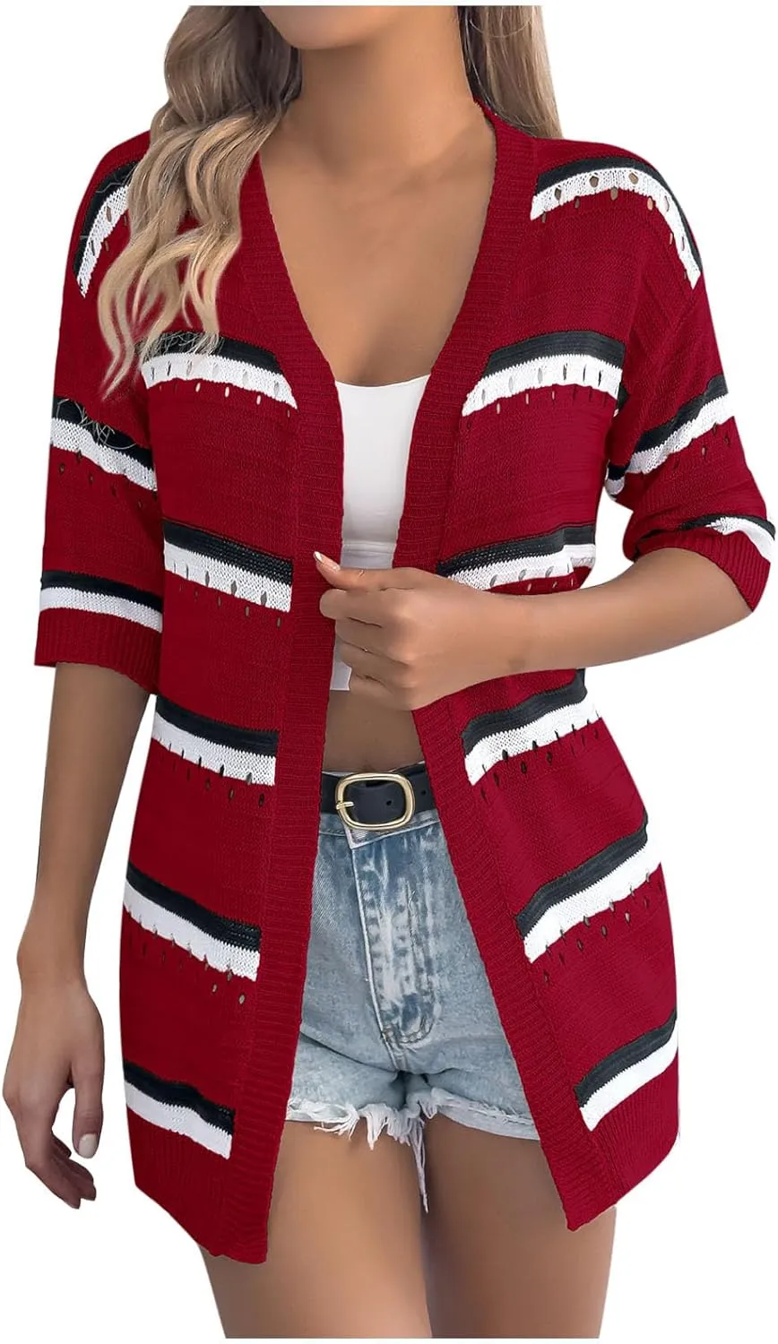HGps8w Women's Hollow Knitted Cardigans, Half Sleeve Casual Striped Beach Coverups Loose Lightweight Open Front Tunic Shirts