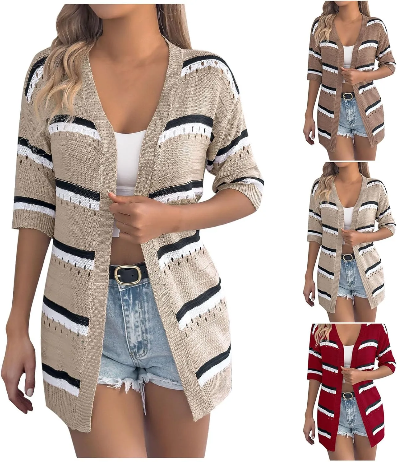 HGps8w Women's Hollow Knitted Cardigans, Half Sleeve Casual Striped Beach Coverups Loose Lightweight Open Front Tunic Shirts