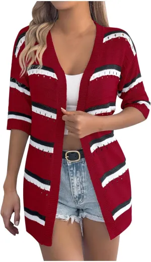 HGps8w Women's Hollow Knitted Cardigans, Half Sleeve Casual Striped Beach Coverups Loose Lightweight Open Front Tunic Shirts