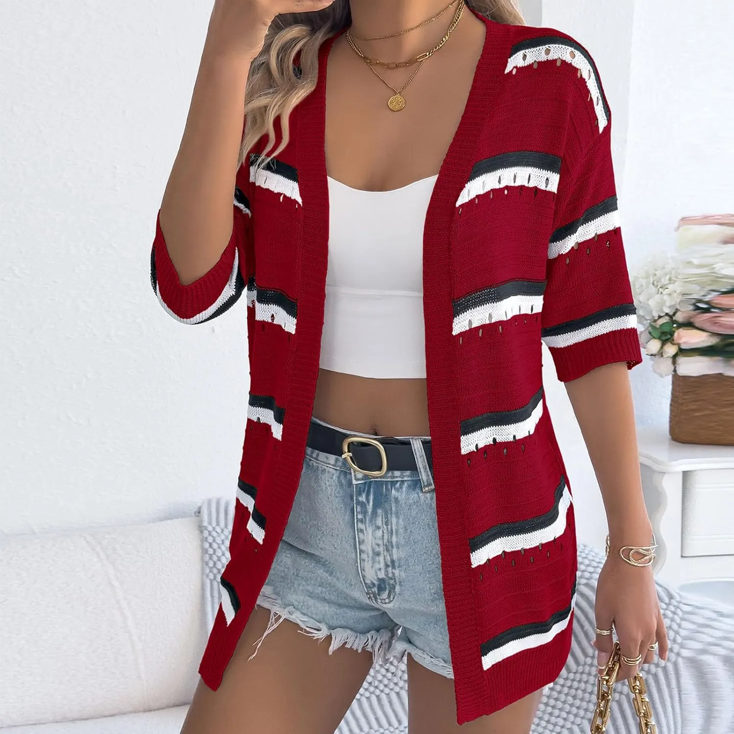 HGps8w Women's Hollow Knitted Cardigans, Half Sleeve Casual Striped Beach Coverups Loose Lightweight Open Front Tunic Shirts