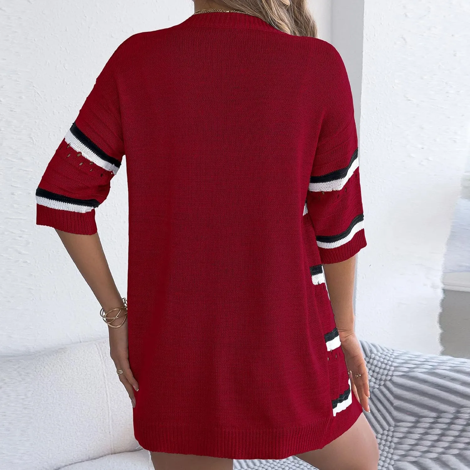 HGps8w Women's Hollow Knitted Cardigans, Half Sleeve Casual Striped Beach Coverups Loose Lightweight Open Front Tunic Shirts