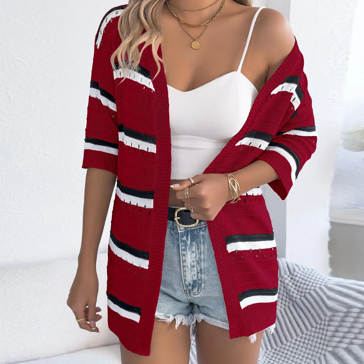 HGps8w Women's Hollow Knitted Cardigans, Half Sleeve Casual Striped Beach Coverups Loose Lightweight Open Front Tunic Shirts