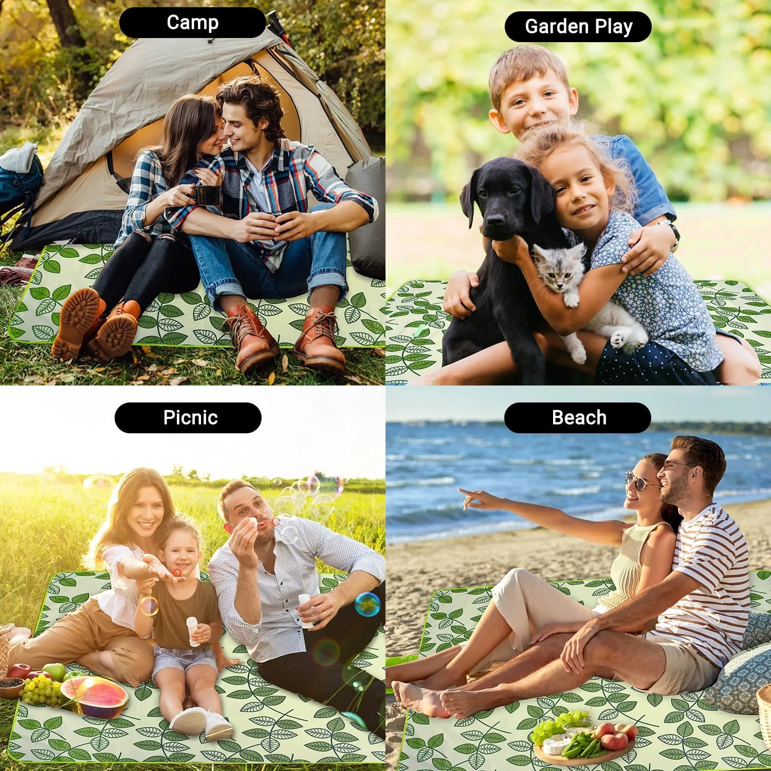 Hi Space Outdoor Picnic Blankets Waterproof Foldable Picnic Mat Sandproof Extra Large Beach Blanket for Camping Grass Lawn Park Family Concert, 80"x60", Green Leaves