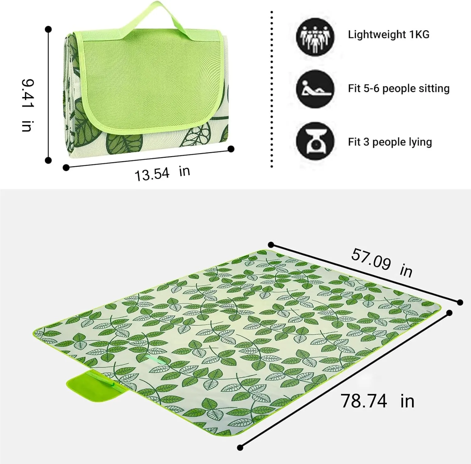 Hi Space Outdoor Picnic Blankets Waterproof Foldable Picnic Mat Sandproof Extra Large Beach Blanket for Camping Grass Lawn Park Family Concert, 80"x60", Green Leaves