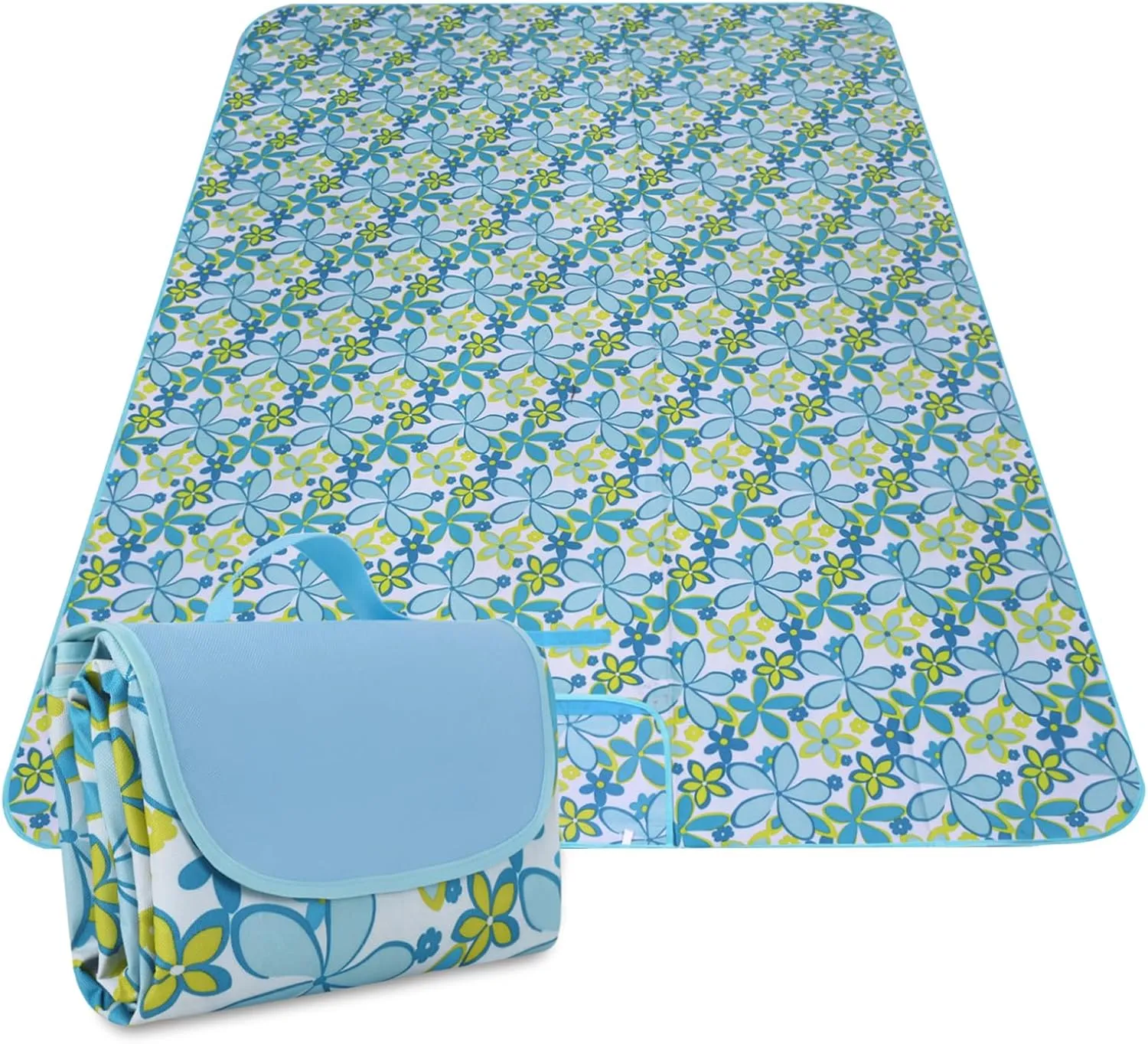 Hi Space Picnic Outdoor Blankets Waterproof Sandproof Foldable Picnic Mat Extra Large Beach Blankets for Grass Lawn Park Camping Family Concert, Blue Floral, 80"x60"