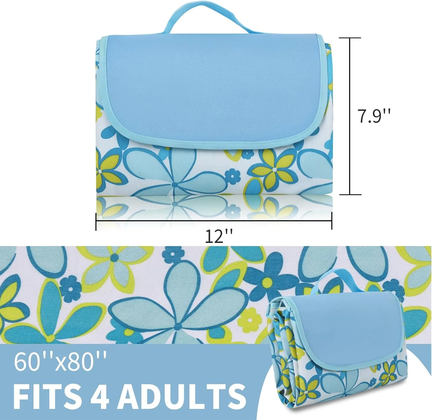 Hi Space Picnic Outdoor Blankets Waterproof Sandproof Foldable Picnic Mat Extra Large Beach Blankets for Grass Lawn Park Camping Family Concert, Blue Floral, 80"x60"