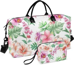 Hibiscus Foliage White Sports Gym Bag for Women Men Travel Duffel Bag Weekend Overnight Carry on Bag with Toiletry Bag for Plane Workout Swimming Yoga